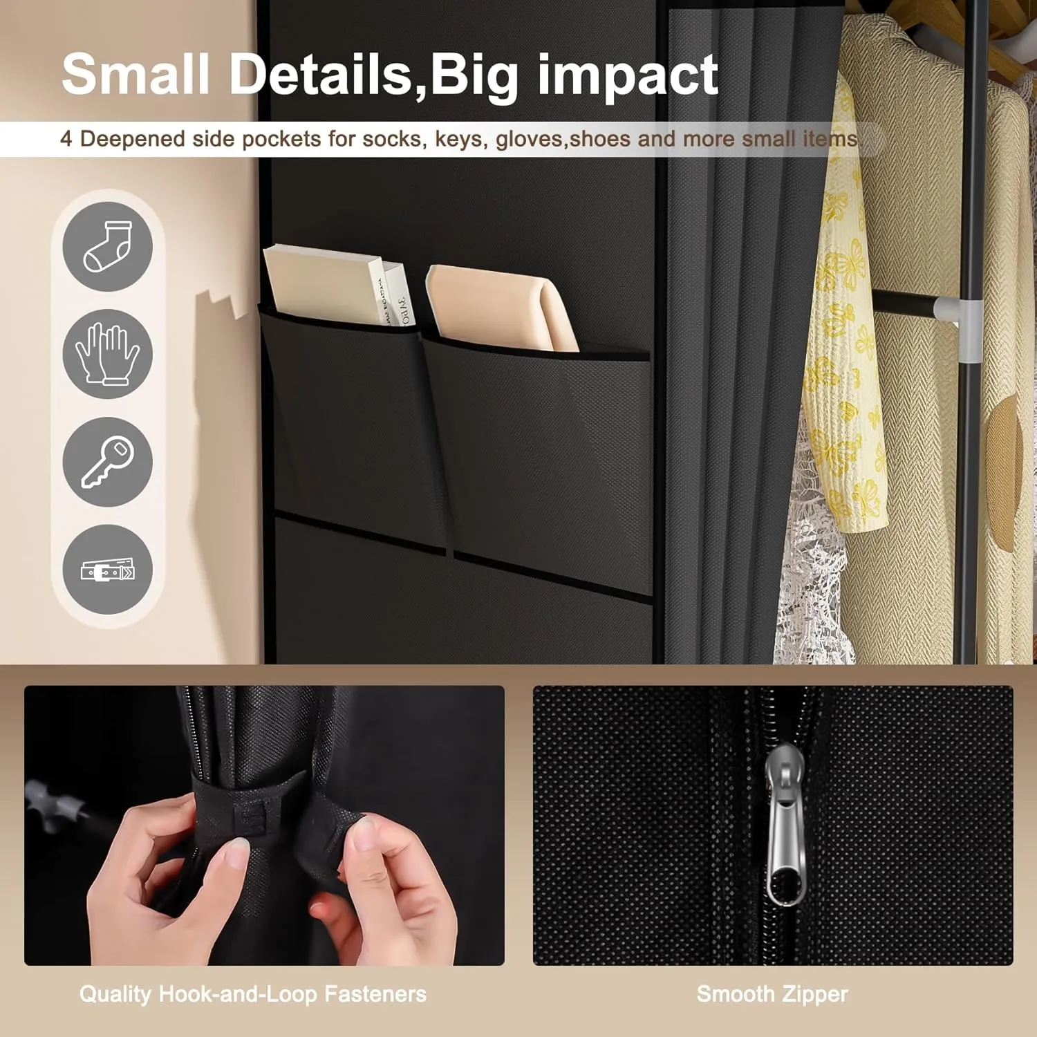 Wardrobe Closet, 66 Inch Portable Closet for Hanging Clothes, Large Capacity Clothes Rack Organizer with Cover & 4 Hanging Rods & 8 Storage Shelves & 2 Side Pockets (Black)