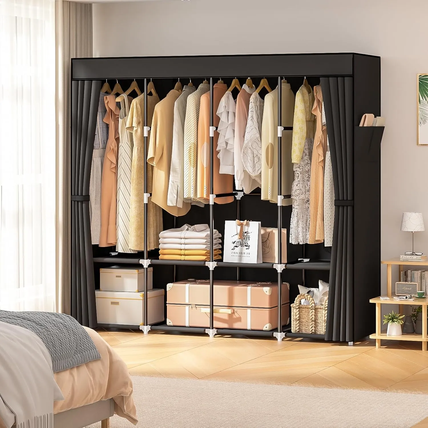 Wardrobe Closet, 66 Inch Portable Closet for Hanging Clothes, Large Capacity Clothes Rack Organizer with Cover & 4 Hanging Rods & 8 Storage Shelves & 2 Side Pockets (Black)