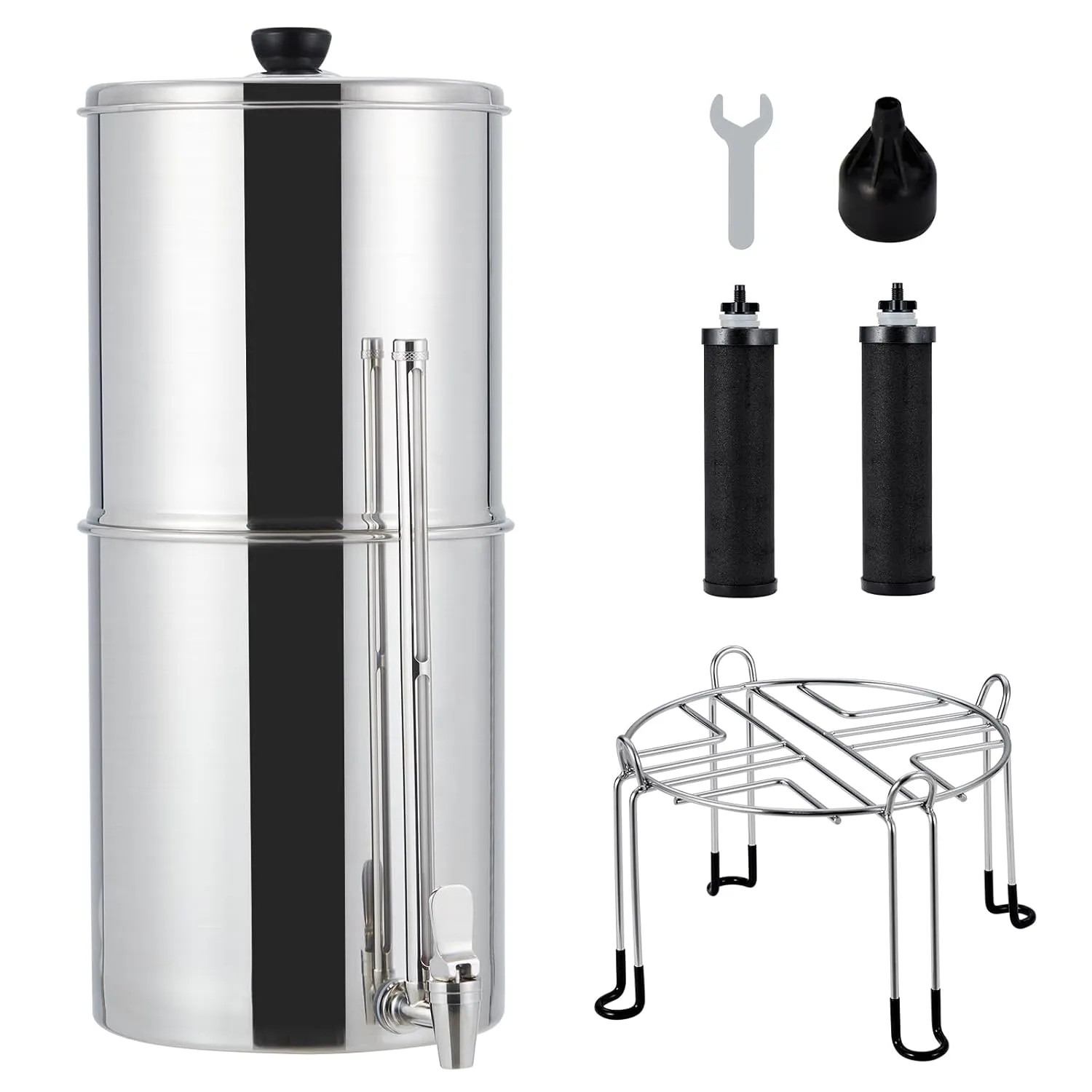 Water Filter System with 2 Black Carbon Filters, Stand and Spigot - Reduces Lead and Chlorine by 99% - Ideal for Home, Camping, RVing