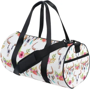 Watercolor Bull Skull with Pink Flowers Feathers Seamless on White Duffel Bag, Foldable Canvas Travel Tote for Gym Sports with Inner Pockets, Durable Lightweight Fitness Bag for Overnight Workout