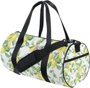 Watercolor Lemon with Leaves Flowers Seamless on White Duffel Bag, Foldable Canvas Travel Tote for Gym Sports with Inner Pockets, Durable Lightweight Fitness Bag for Overnight Workout