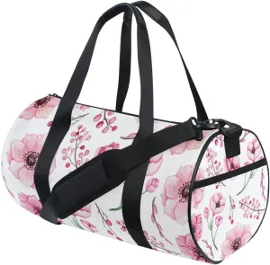 Watercolor Pink Flowers and Berries Seamless Pattern on White Duffel Bag, Foldable Canvas Travel Tote for Gym Sports with Inner Pockets, Durable Lightweight Fitness Bag for Overnight Workout