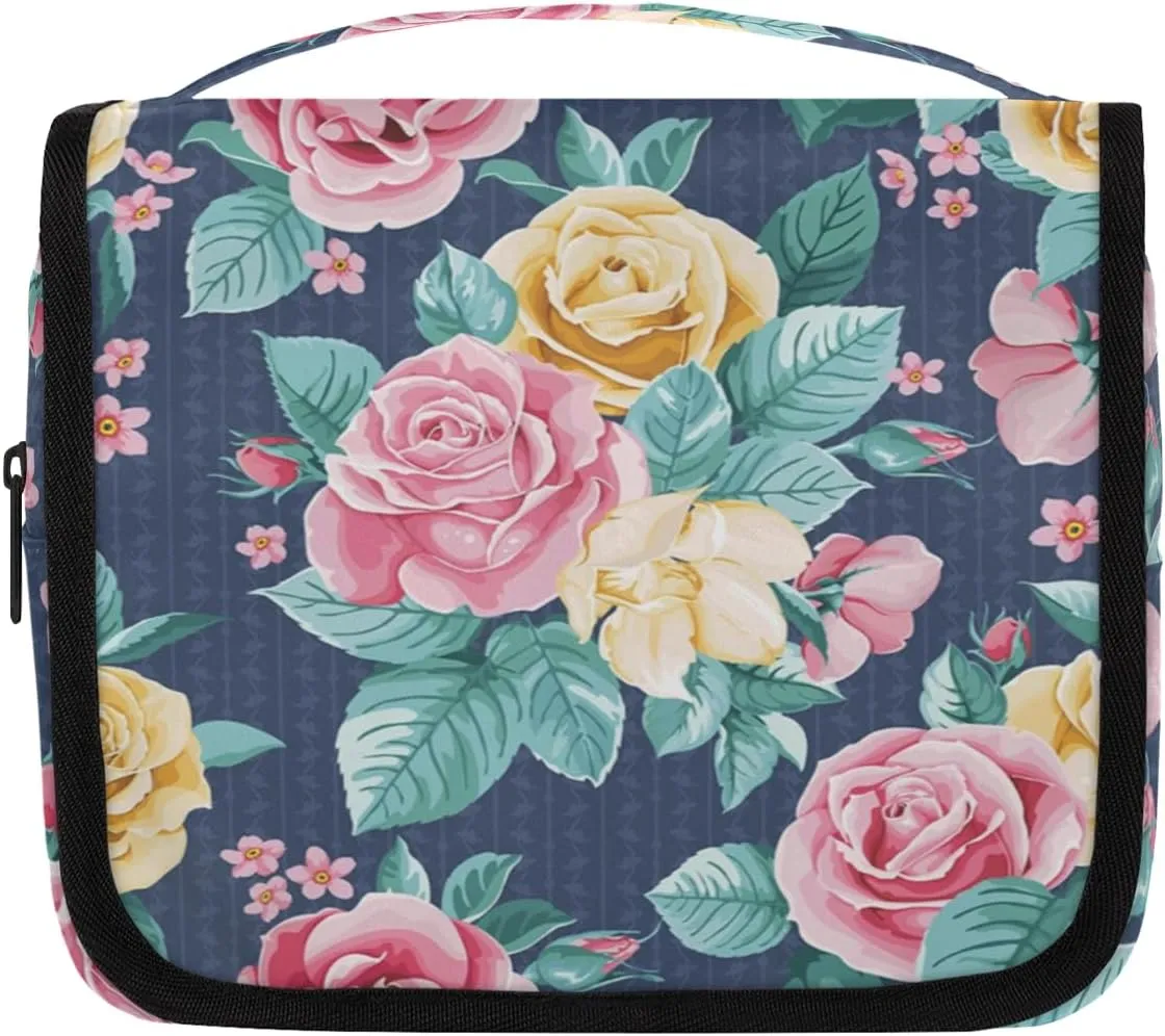 Watercolor Roses Toiletry Bag with Hanging Hook Travel Organizer Makeup Bag for Women Waterproof Accessories Toiletries Travel Essentials Personalized Birthday Valentines Day Gifts