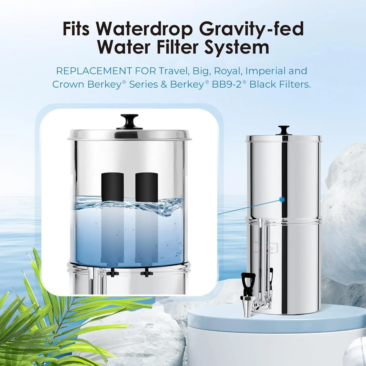 Waterdrop NSF/ANSI 42&372 Certified Water Filter, Replacement for Berkey® BB9-2® Black Filters, ProOne® or Alexapure® Gravity Water Filter System and Waterdrop King Tank Series, (Pack of 2)