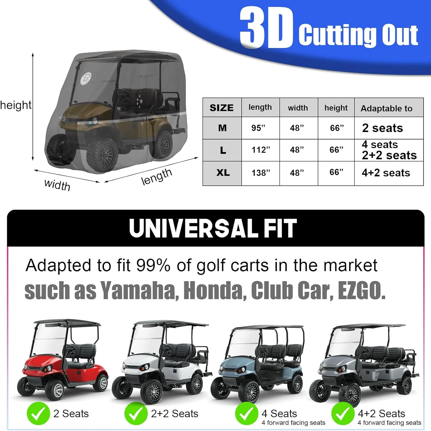Waterproof Golf Cart Cover, Heavy Duty Marine Grade Fabric, Universal Fits for Most Brand 2/2 2/4 2 Passengers Yamaha, Honda, Club Car, EZGO Golf Cart