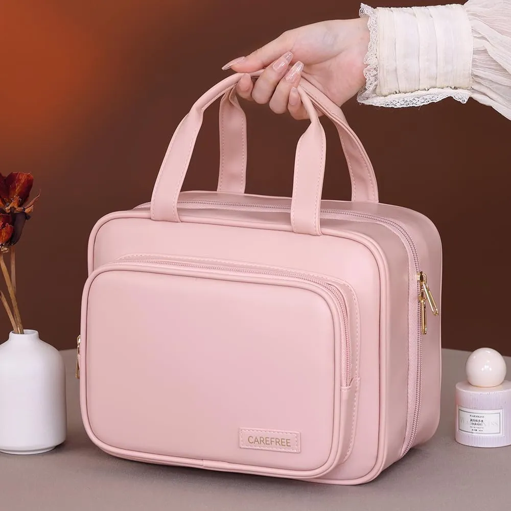 Waterproof Leather Toiletry Bag for Women, Hanging Travel Toiletry Bag with Hanging Hook, Large Travel Makeup Bag Cosmetic Organizer for Toiletries, Bathroom Shower, Makeup Accessories (Pink)