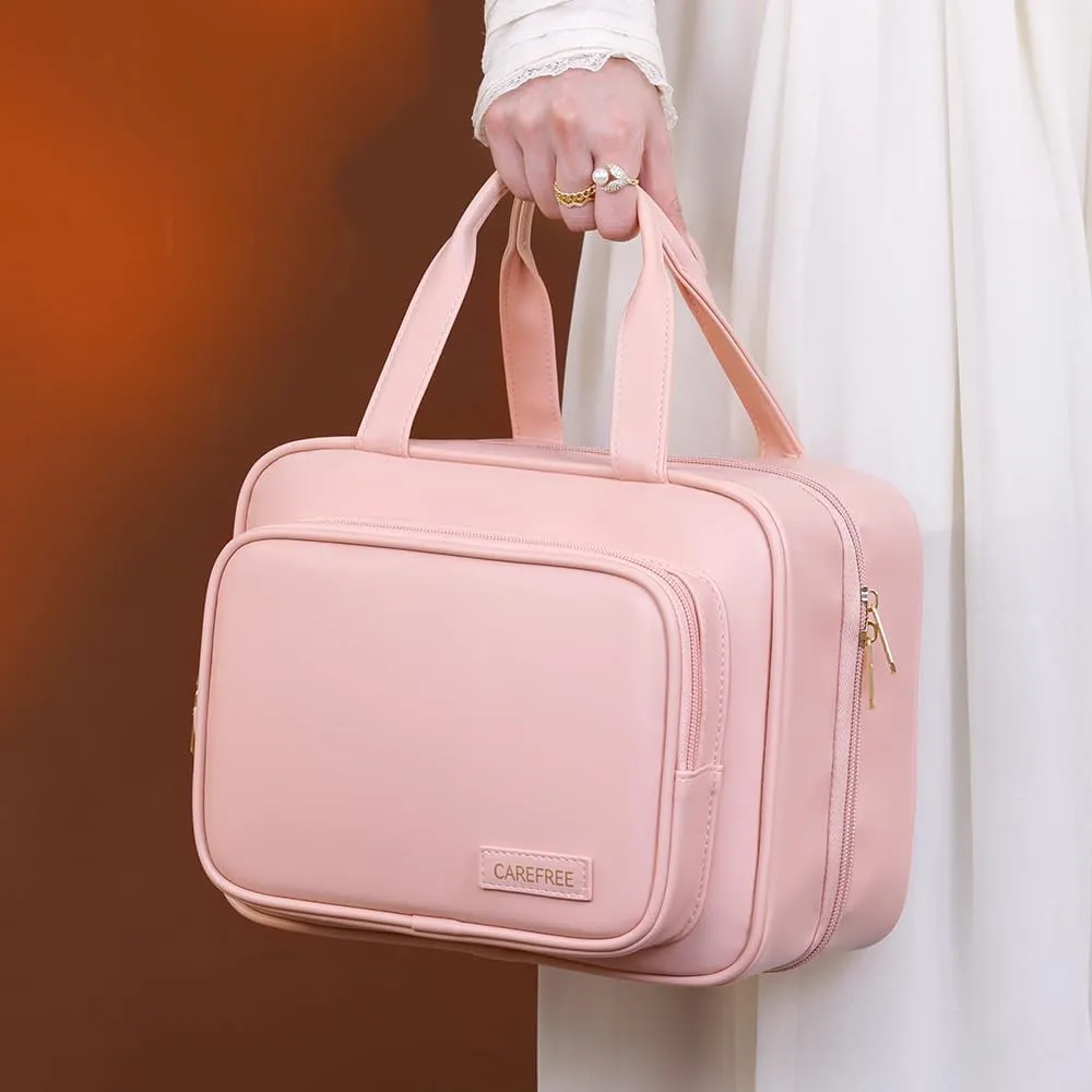 Waterproof Leather Toiletry Bag for Women, Hanging Travel Toiletry Bag with Hanging Hook, Large Travel Makeup Bag Cosmetic Organizer for Toiletries, Bathroom Shower, Makeup Accessories (Pink)
