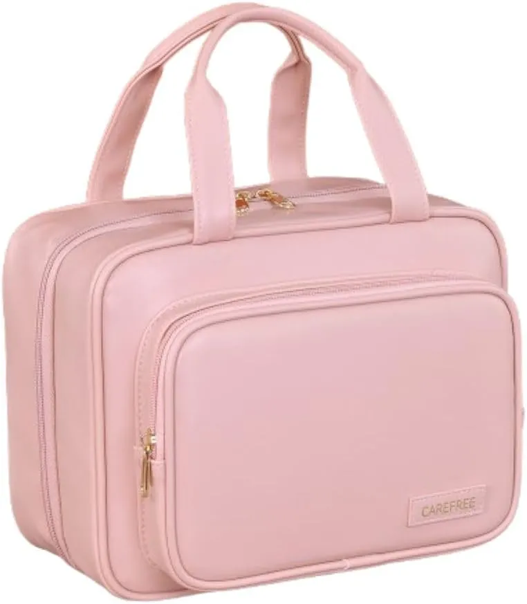 Waterproof Leather Toiletry Bag for Women, Hanging Travel Toiletry Bag with Hanging Hook, Large Travel Makeup Bag Cosmetic Organizer for Toiletries, Bathroom Shower, Makeup Accessories (Pink)