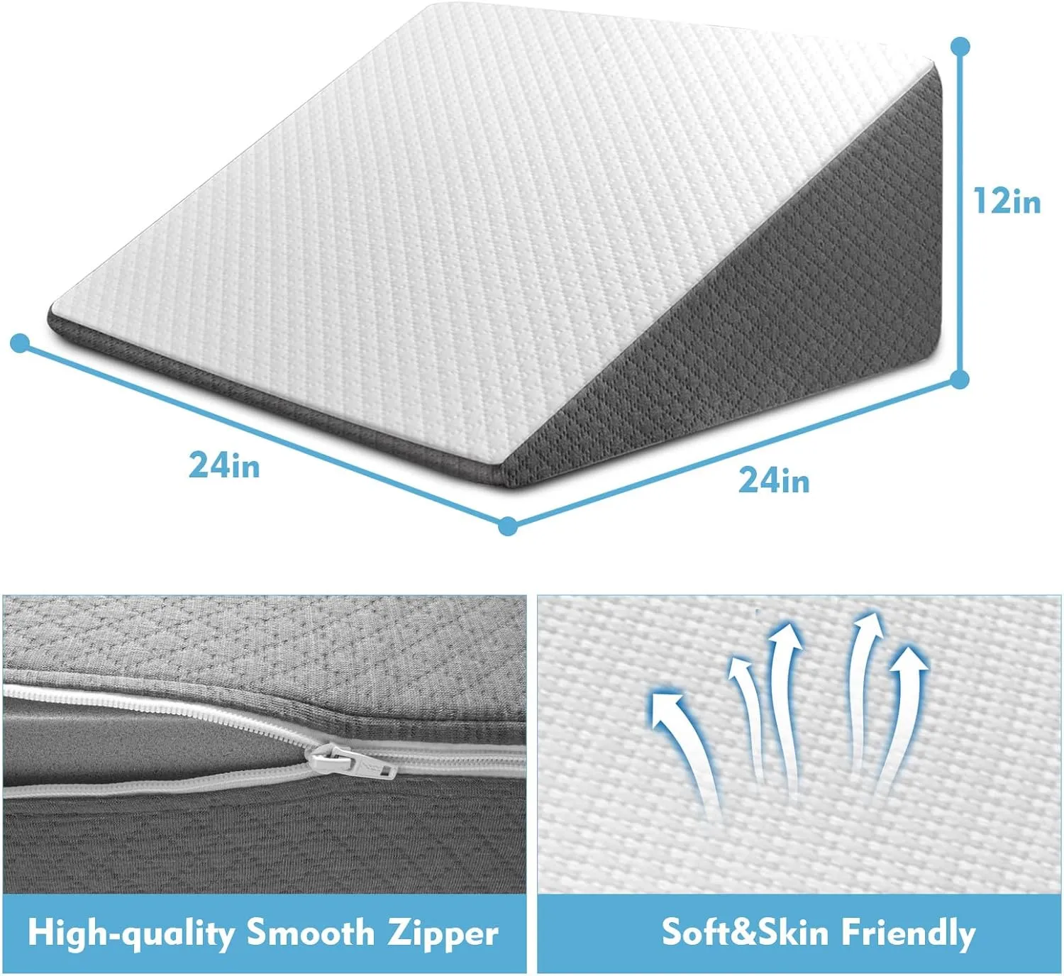Wedge Pillow for Sleep Apnea, 12 Inch Bed Wedge Pillow for Headboard, Headboard Triangle Pillow Wedge for Acid Reflux, After Surgery, Snoring, Cooling Memory Foam Top, Removable Cover