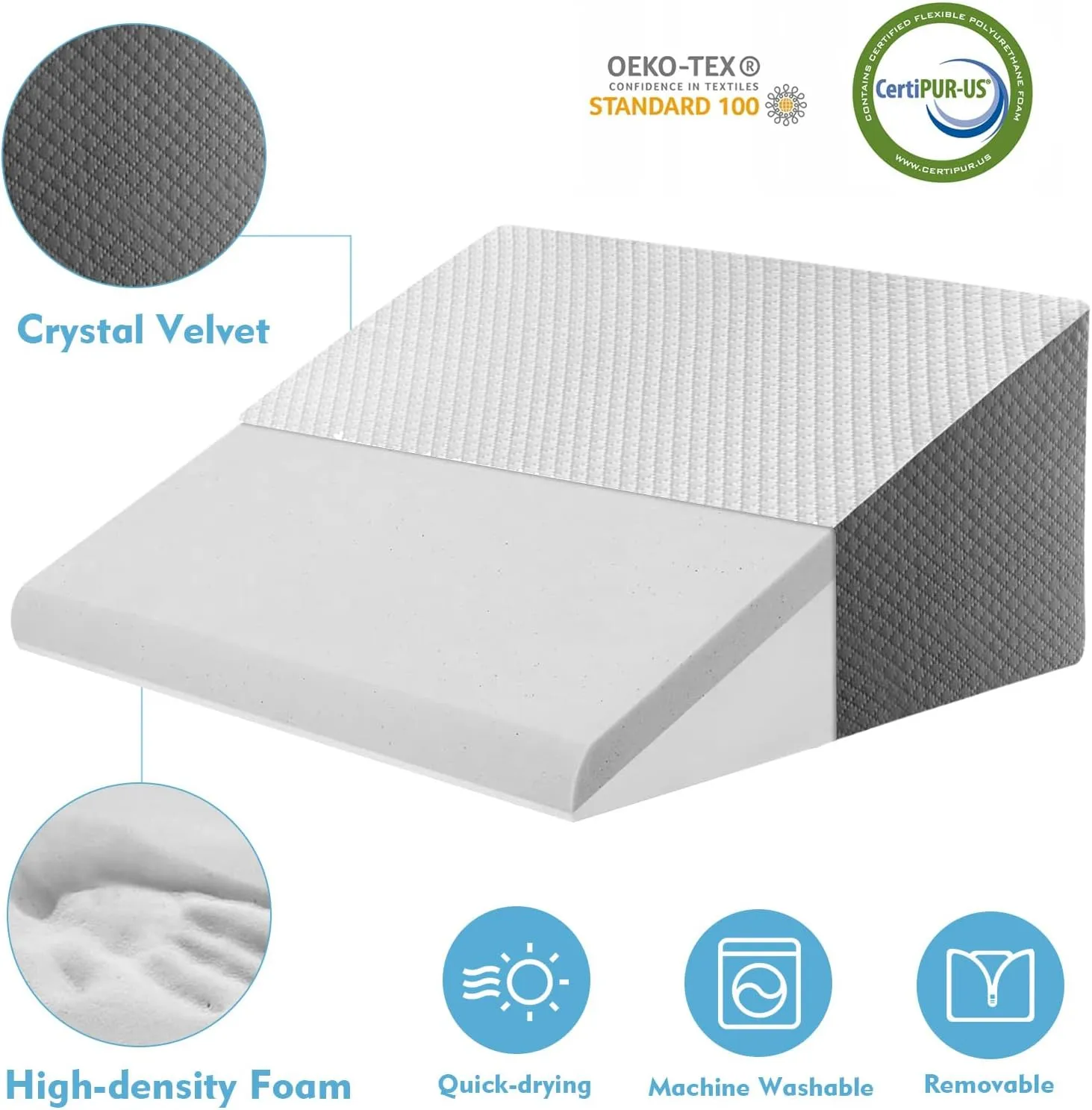 Wedge Pillow for Sleep Apnea, 12 Inch Bed Wedge Pillow for Headboard, Headboard Triangle Pillow Wedge for Acid Reflux, After Surgery, Snoring, Cooling Memory Foam Top, Removable Cover
