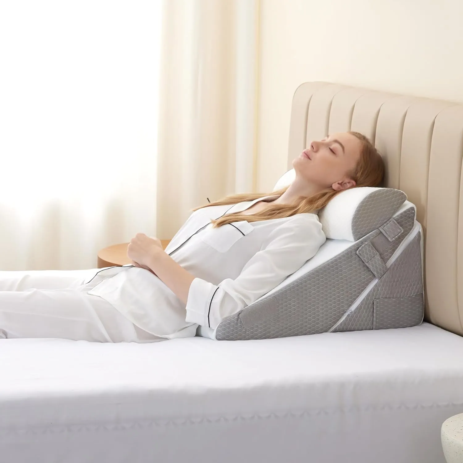Wedge Pillow Headboard, 3PCS Orthopedic Bed Wedge Pillows Set for After Surgery, Adjustable Pillow Wedge for Acid Reflux&Back Pain Relief, Sleeping, Back Pillow for Bed Sitting Up, White/Grey