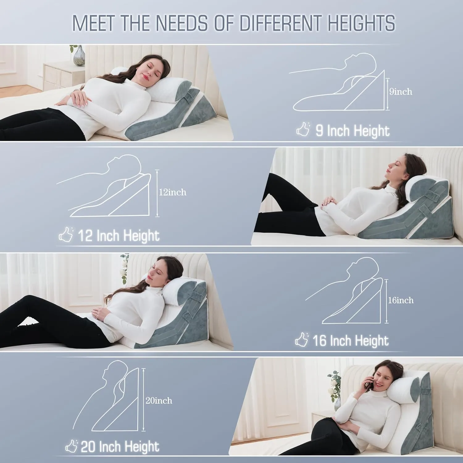 Wedge Pillow Headboard Orthopedic Bed Wedge Pillows Set 9&12&16&20 Inches Adjustable Memory Foam for Acid Reflux Relief Ergonomic Incline Reading Pillow for Back Pain
