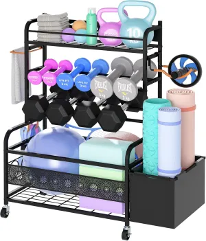 Weight Rack for Dumbbells, Home Gym Storage for Dumbbells Yoga Mat Kettlebells and Balls, All in One Workout Equipment Storage with Wheels and Hooks