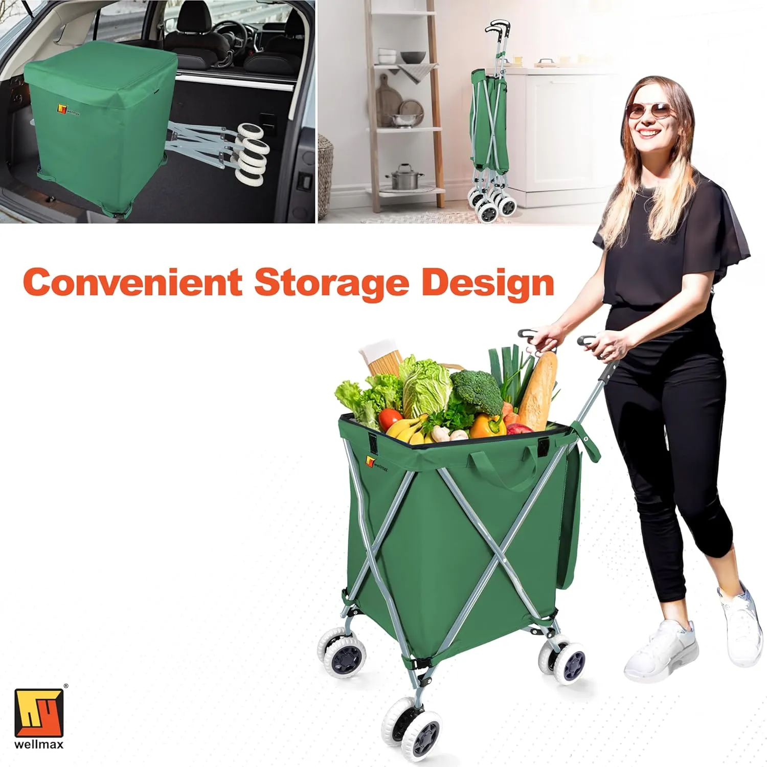 Wellmax WM99100 Series Folding Shopping Cart with Wheels, Grocery Cart with Removable Canvas with Cover, Lightweight Utility Cart for Groceries and Laundry - Holds up to 120 lbs (Green)