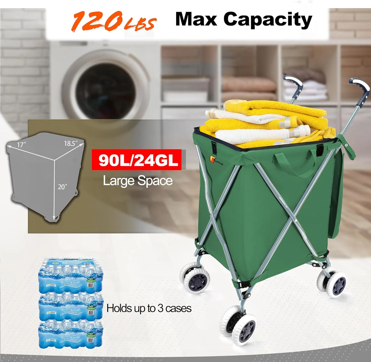 Wellmax WM99100 Series Folding Shopping Cart with Wheels, Grocery Cart with Removable Canvas with Cover, Lightweight Utility Cart for Groceries and Laundry - Holds up to 120 lbs (Green)