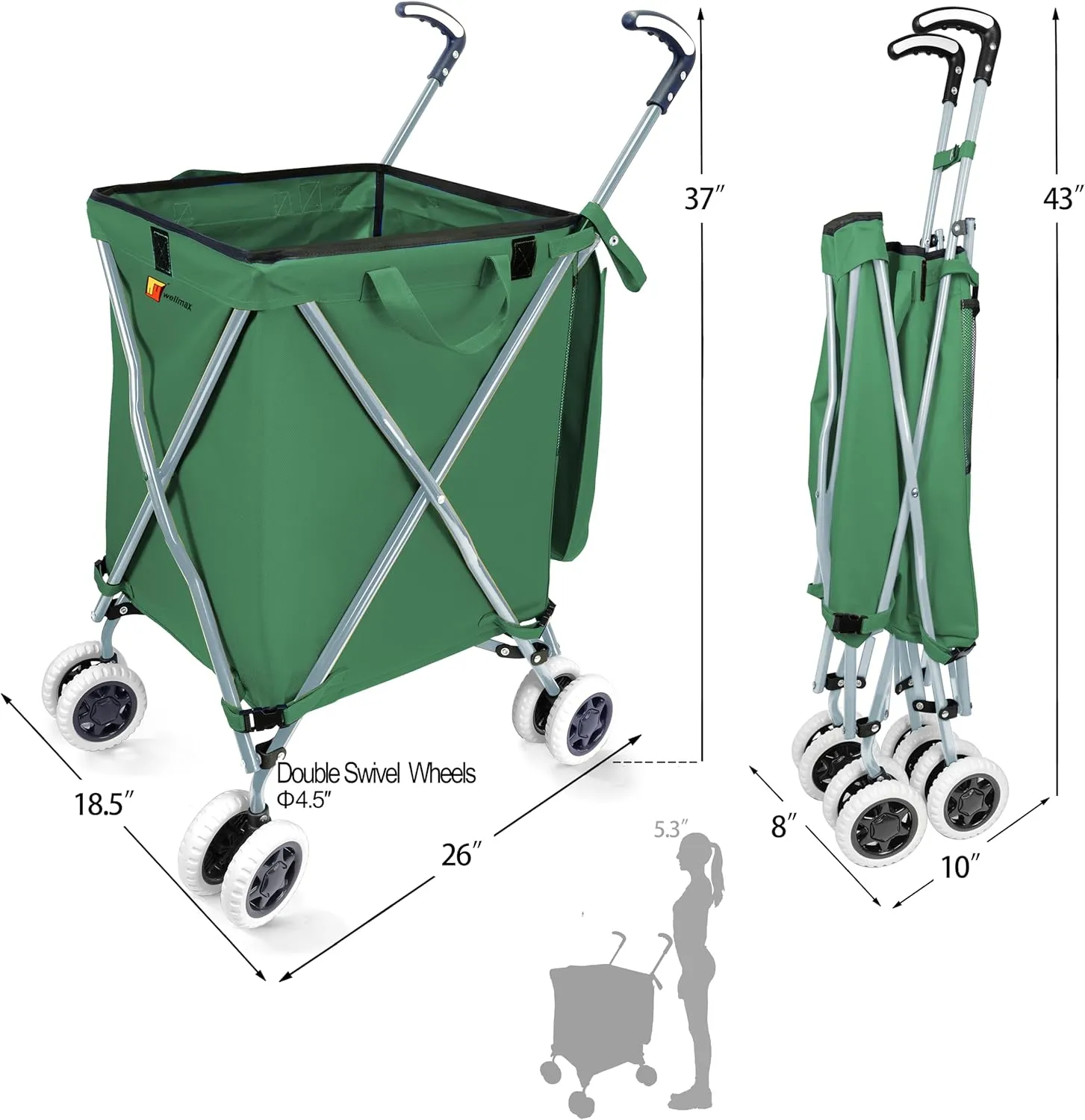 Wellmax WM99100 Series Folding Shopping Cart with Wheels, Grocery Cart with Removable Canvas with Cover, Lightweight Utility Cart for Groceries and Laundry - Holds up to 120 lbs (Green)
