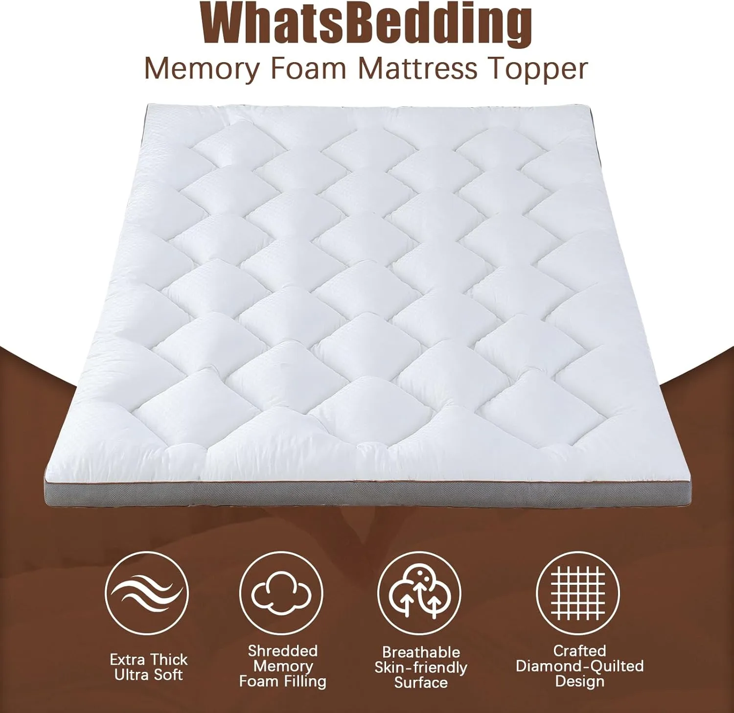WhatsBedding 3 Inch Memory Foam Mattress Topper Queen, Extra Soft Pillow Top Mattress Topper with Breathable Air Mesh Sides, 1700GSM Fluffy Shredded Memory Foam Filled & Thicked Down Alternative-Lined
