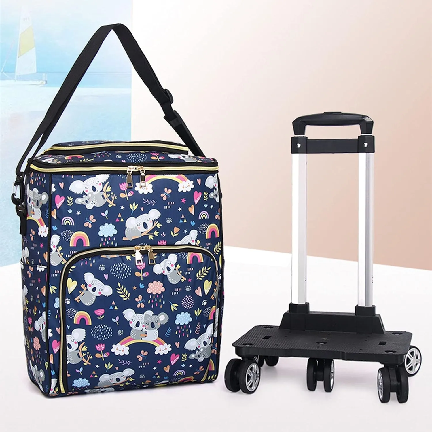 Wheeled Shopping Cart Folding Fashion Trolley Bag Insulation Shopping Cart Lightweight Portable Waterproof Shopping Bag Wheeled Trolley, Detachable Bag,Bear