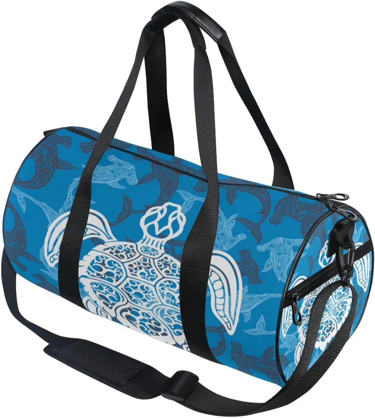 White Sea Turtle on Seamless Fishes Background Duffel Bag, Foldable Canvas Travel Tote for Gym Sports with Inner Pockets, Durable Lightweight Fitness Bag for Overnight Workout