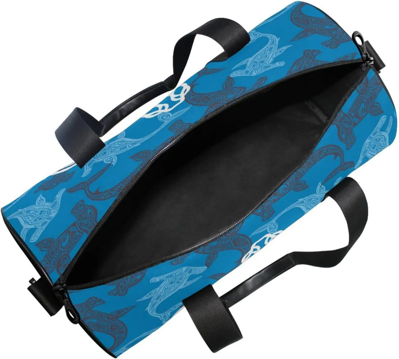 White Sea Turtle on Seamless Fishes Background Duffel Bag, Foldable Canvas Travel Tote for Gym Sports with Inner Pockets, Durable Lightweight Fitness Bag for Overnight Workout