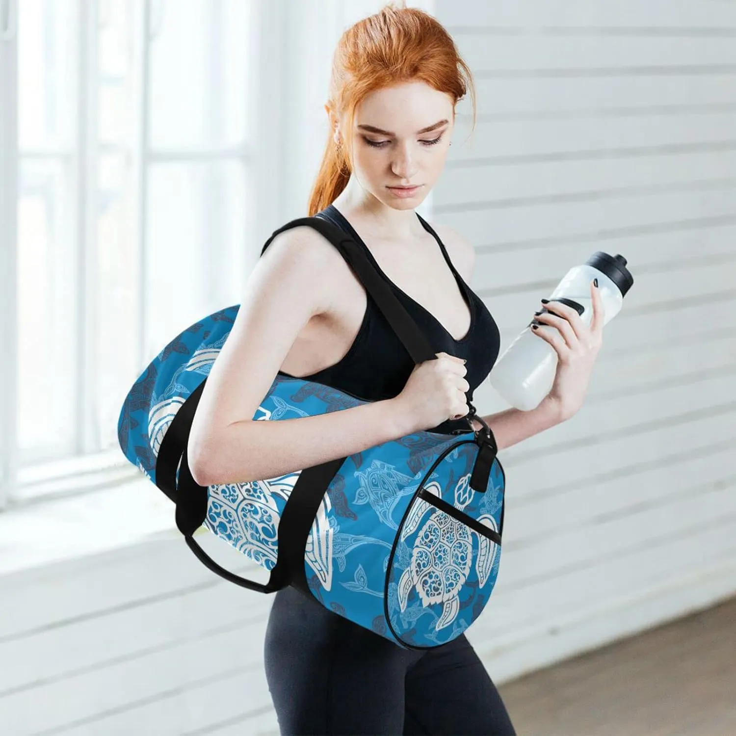 White Sea Turtle on Seamless Fishes Background Duffel Bag, Foldable Canvas Travel Tote for Gym Sports with Inner Pockets, Durable Lightweight Fitness Bag for Overnight Workout