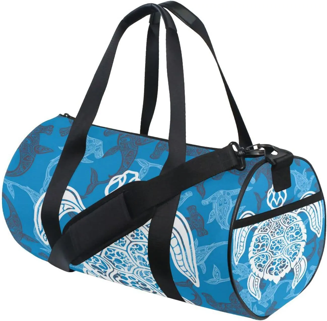 White Sea Turtle on Seamless Fishes Background Duffel Bag, Foldable Canvas Travel Tote for Gym Sports with Inner Pockets, Durable Lightweight Fitness Bag for Overnight Workout
