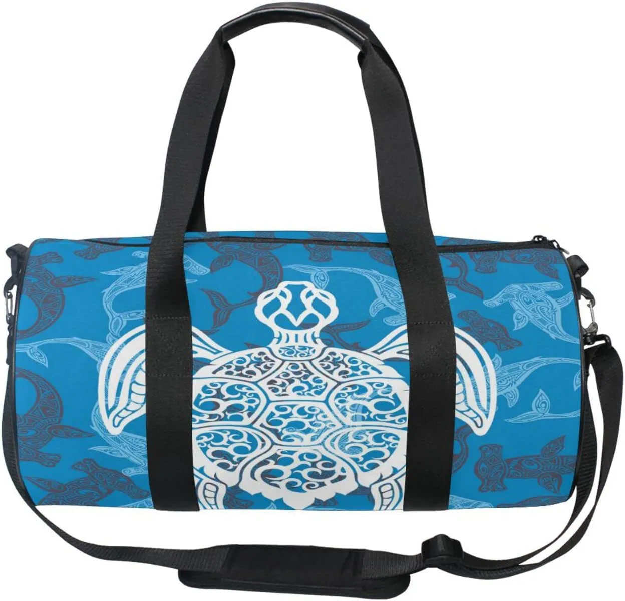White Sea Turtle on Seamless Fishes Background Duffel Bag, Foldable Canvas Travel Tote for Gym Sports with Inner Pockets, Durable Lightweight Fitness Bag for Overnight Workout