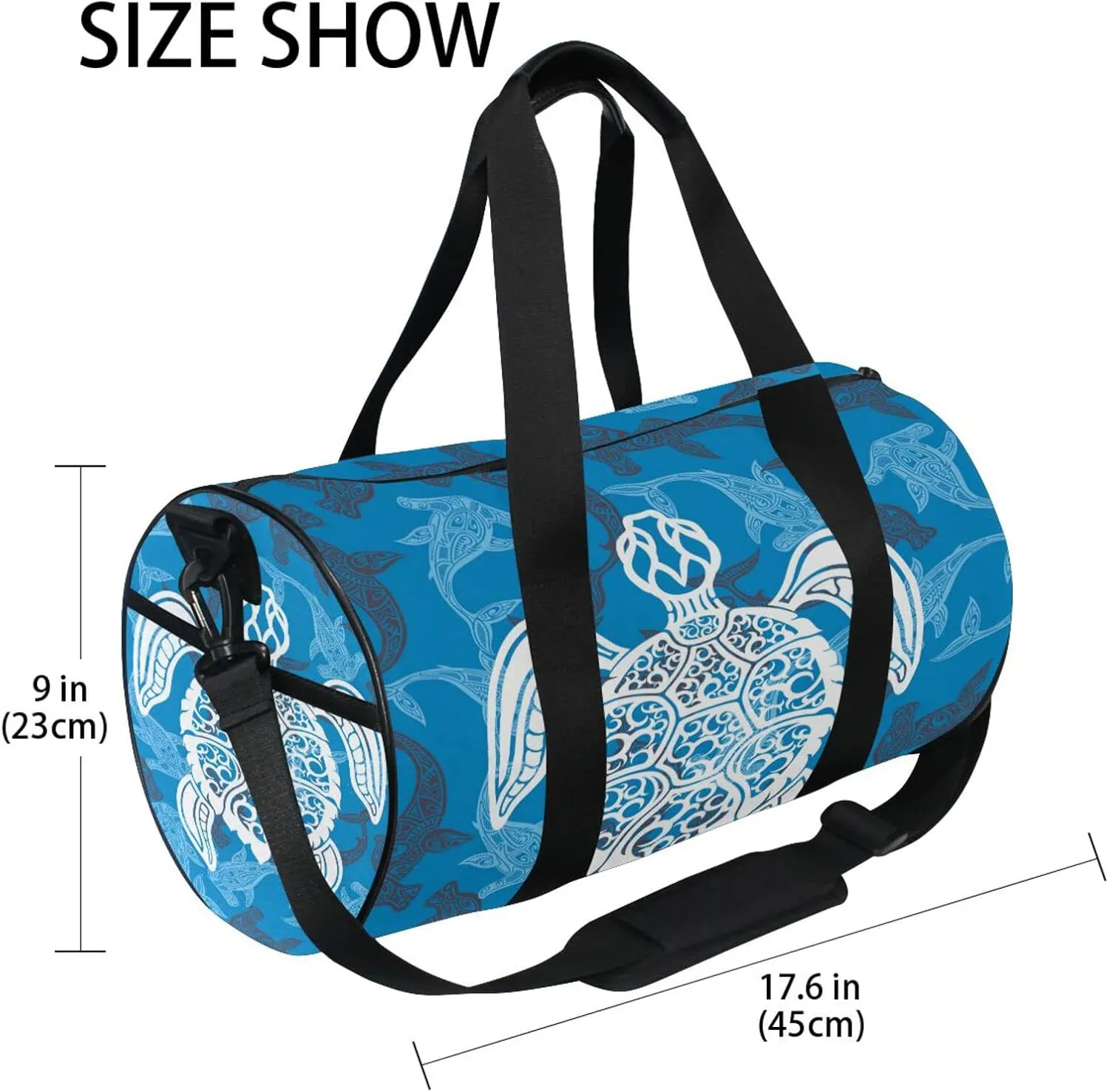 White Sea Turtle on Seamless Fishes Background Duffel Bag, Foldable Canvas Travel Tote for Gym Sports with Inner Pockets, Durable Lightweight Fitness Bag for Overnight Workout