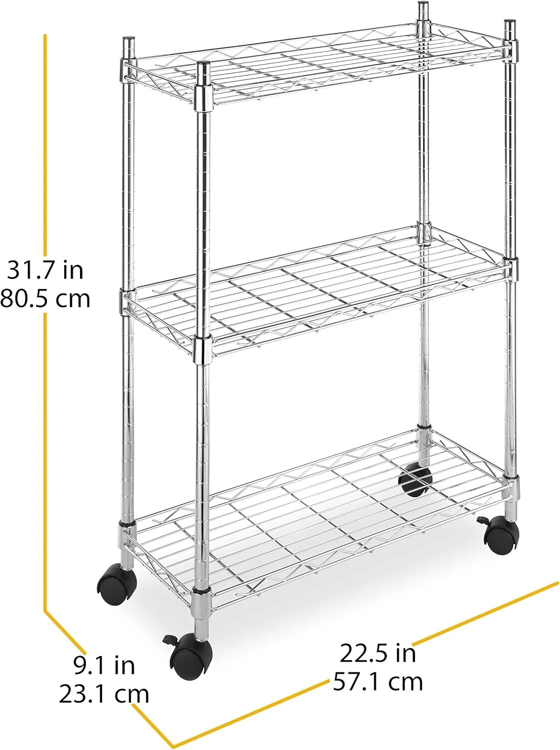 Whitmor 3 Tier Shelving Unit, Metal Storage Shelves, Adjustable Heavy Duty Shelf with Wheels , 400 lbs Capacity per Shelf, 1200 lbs Total for Home, Garage, Workshop, 23"L x 13"W x 30"H, Chrome