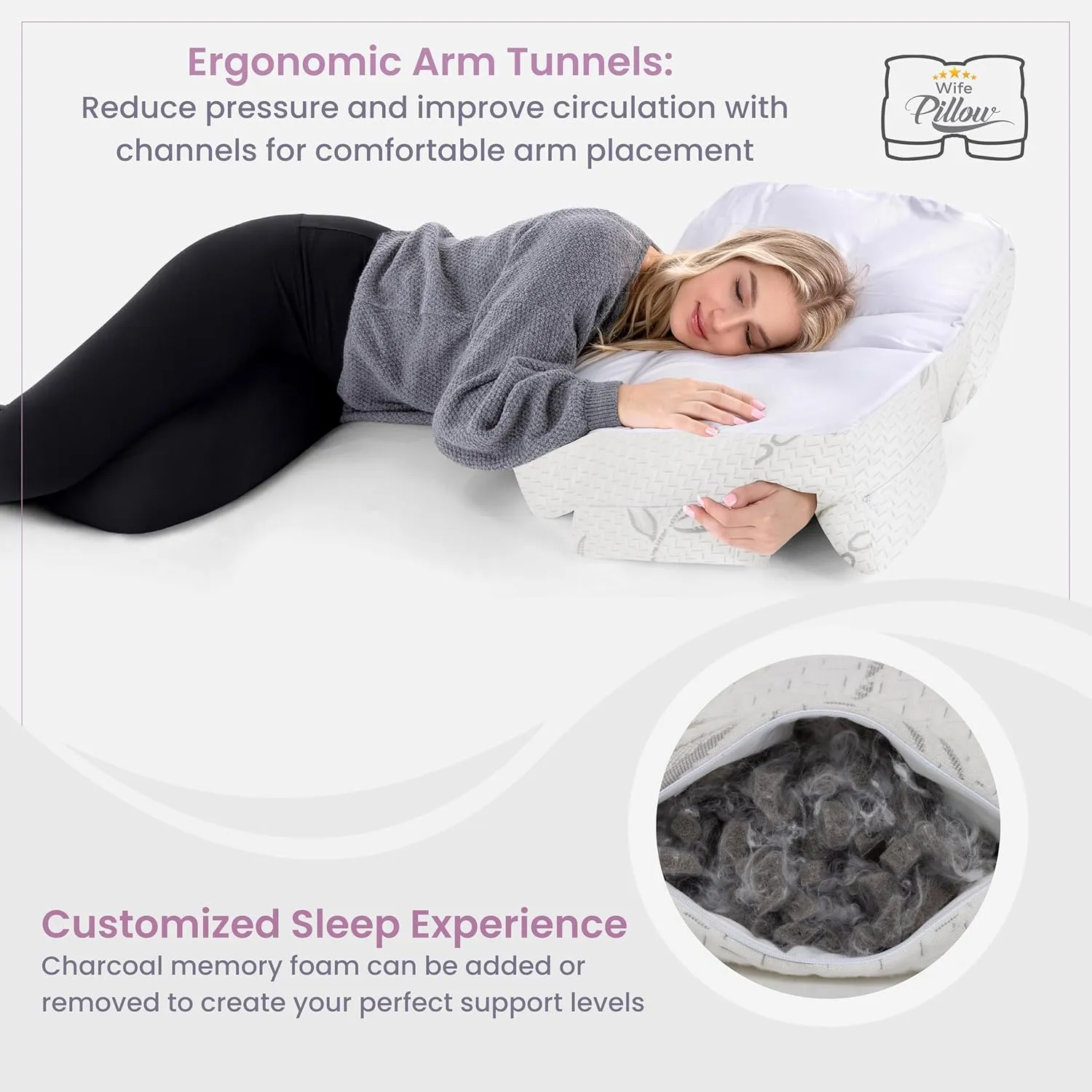 Wife Pillow - Adjustable Side Sleeper Pillow with Arm Tunnels for Shoulder Pain, Rotator Cuff Support, Arm & Shoulder Relief - Pressure-Free Sleep Pillow for Adults - Charcoal Shredded Memory Foam