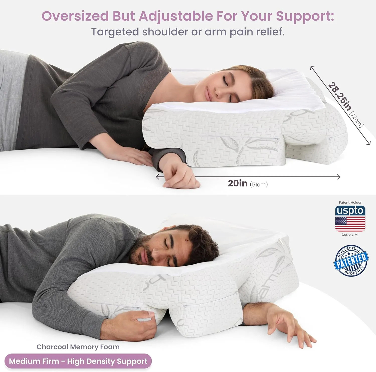 Wife Pillow - Adjustable Side Sleeper Pillow with Arm Tunnels for Shoulder Pain, Rotator Cuff Support, Arm & Shoulder Relief - Pressure-Free Sleep Pillow for Adults - Charcoal Shredded Memory Foam