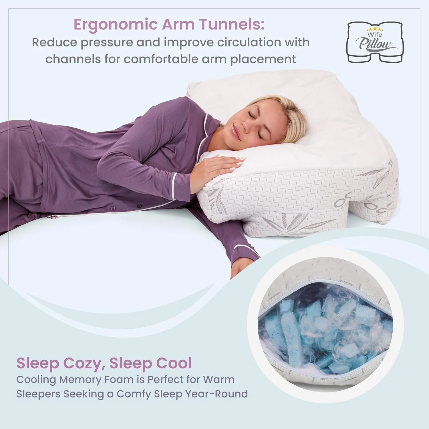 Wife Pillow - Adjustable Side Sleeper Pillow with Arm Tunnels for Shoulder Pain, Rotator Cuff Support, Arm & Shoulder Relief - Pressure-Free Sleep Pillow for Adults - Cooling Shredded Memory Foam