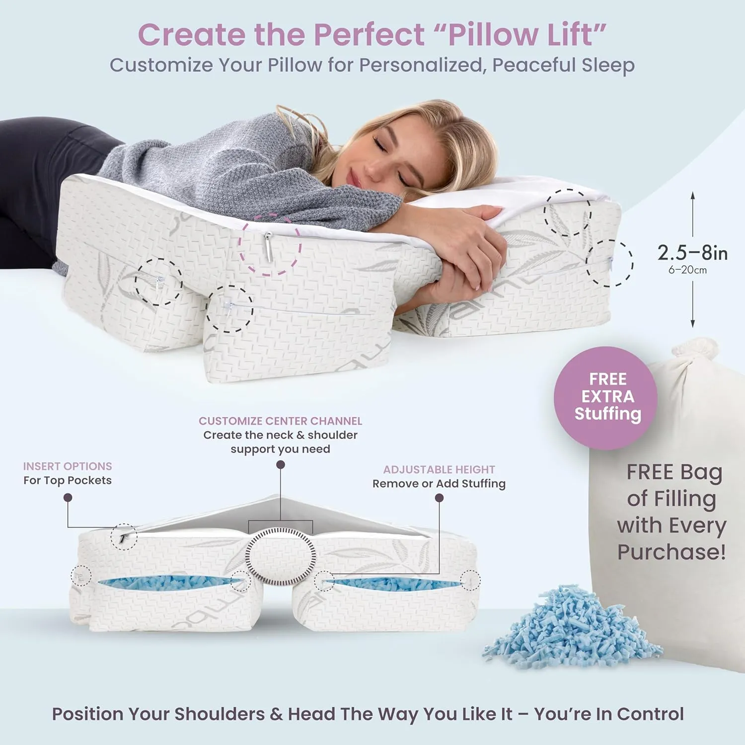 Wife Pillow - Adjustable Side Sleeper Pillow with Arm Tunnels for Shoulder Pain, Rotator Cuff Support, Arm & Shoulder Relief - Pressure-Free Sleep Pillow for Adults - Cooling Shredded Memory Foam