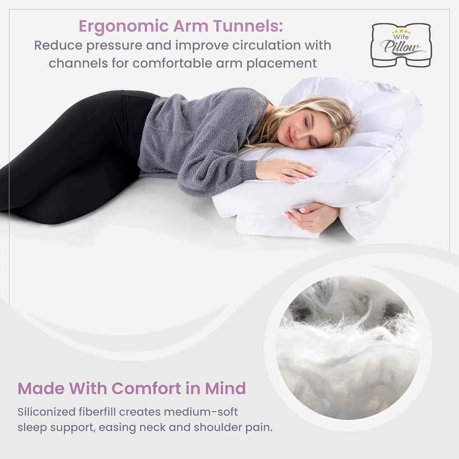 Wife Pillow - Adjustable Side Sleeper Pillow with Arm Tunnels for Shoulder Pain, Rotator Cuff Support, Arm & Shoulder Relief - Pressure-Free Sleep Pillow for Adults - Down Alternative Fiber Fill