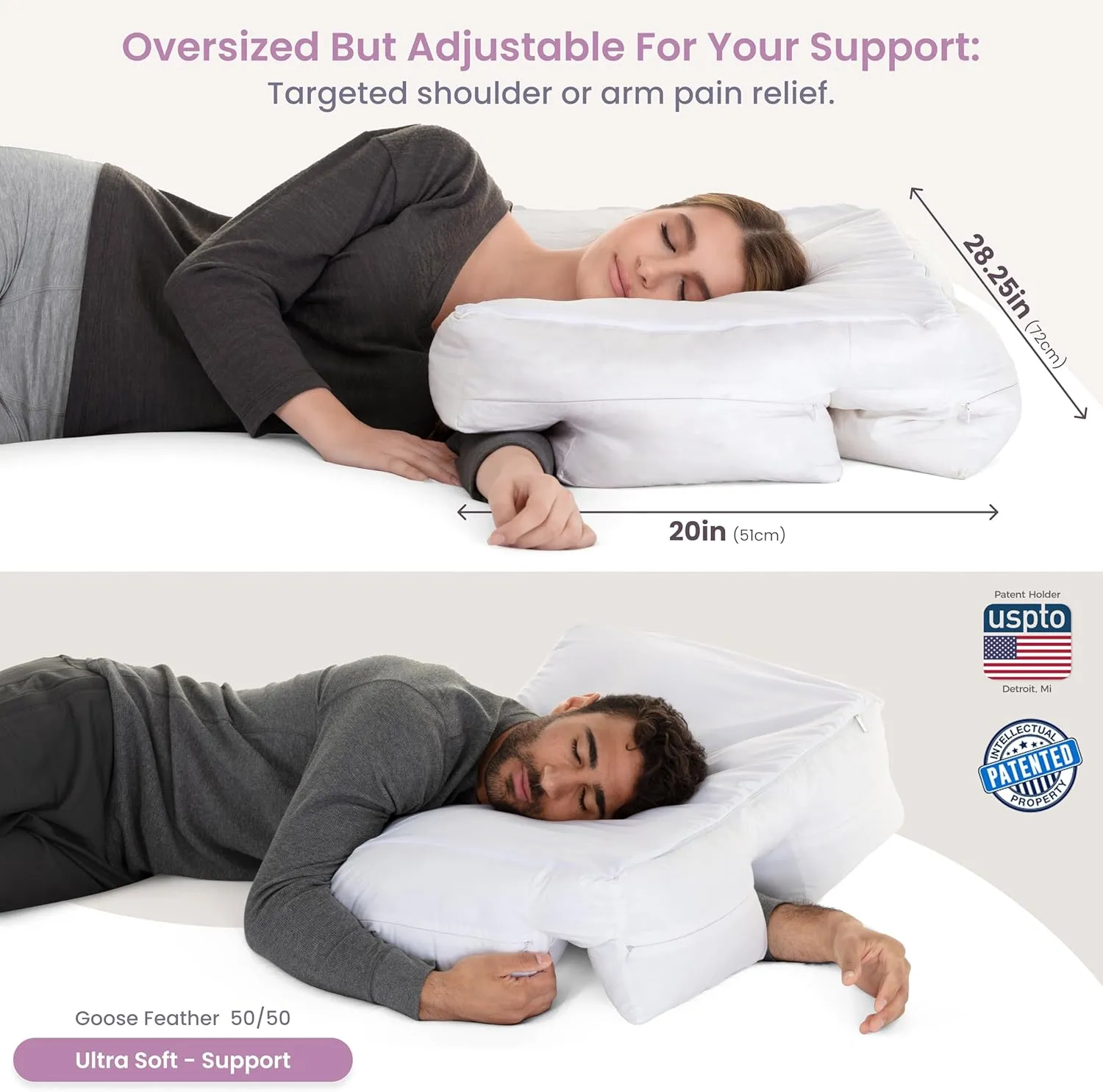 Wife Pillow - Adjustable Side Sleeper Pillow with Arm Tunnels for Shoulder Pain, Rotator Cuff Support, Arm & Shoulder Relief - Pressure-Free Sleep Pillow for Adults - Down Goose Feather/Fiber Fill