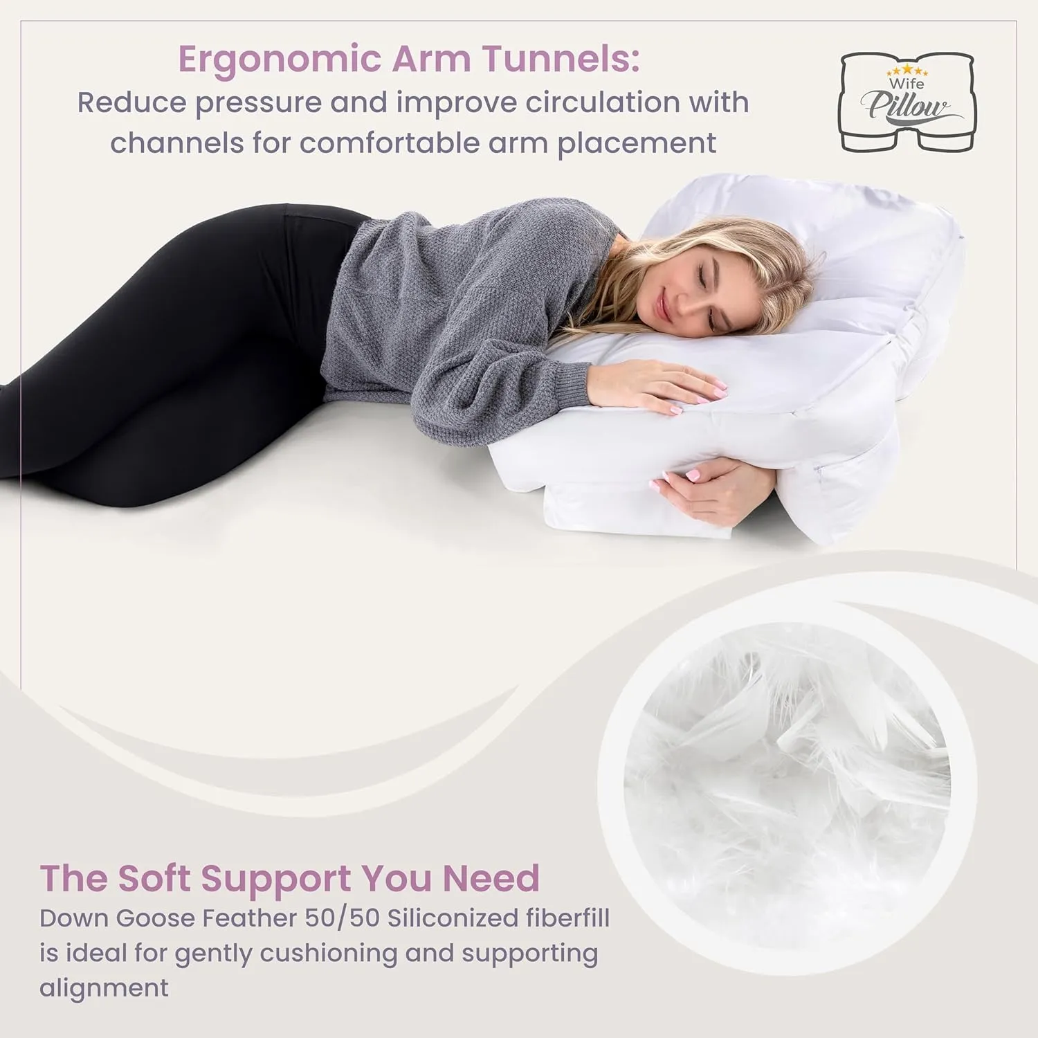 Wife Pillow - Adjustable Side Sleeper Pillow with Arm Tunnels for Shoulder Pain, Rotator Cuff Support, Arm & Shoulder Relief - Pressure-Free Sleep Pillow for Adults - Down Goose Feather/Fiber Fill