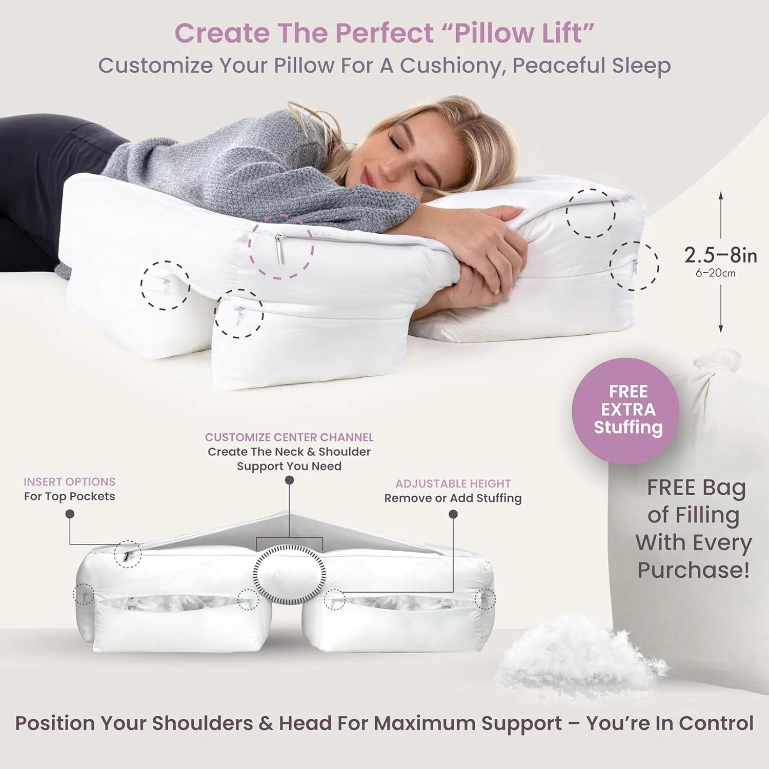 Wife Pillow - Adjustable Side Sleeper Pillow with Arm Tunnels for Shoulder Pain, Rotator Cuff Support, Arm & Shoulder Relief - Pressure-Free Sleep Pillow for Adults - Down Goose Feather/Fiber Fill