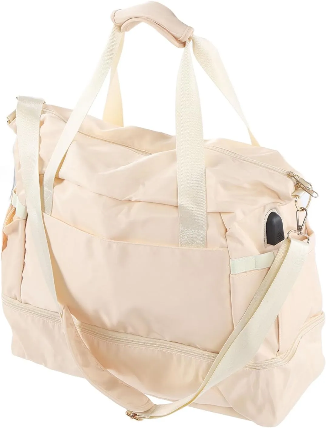 Women Sports Gym Bag Workout Travel Bag with USB Charging Port Multiple Pockets Large Capacity for Fitness Yoga (Ivory White)