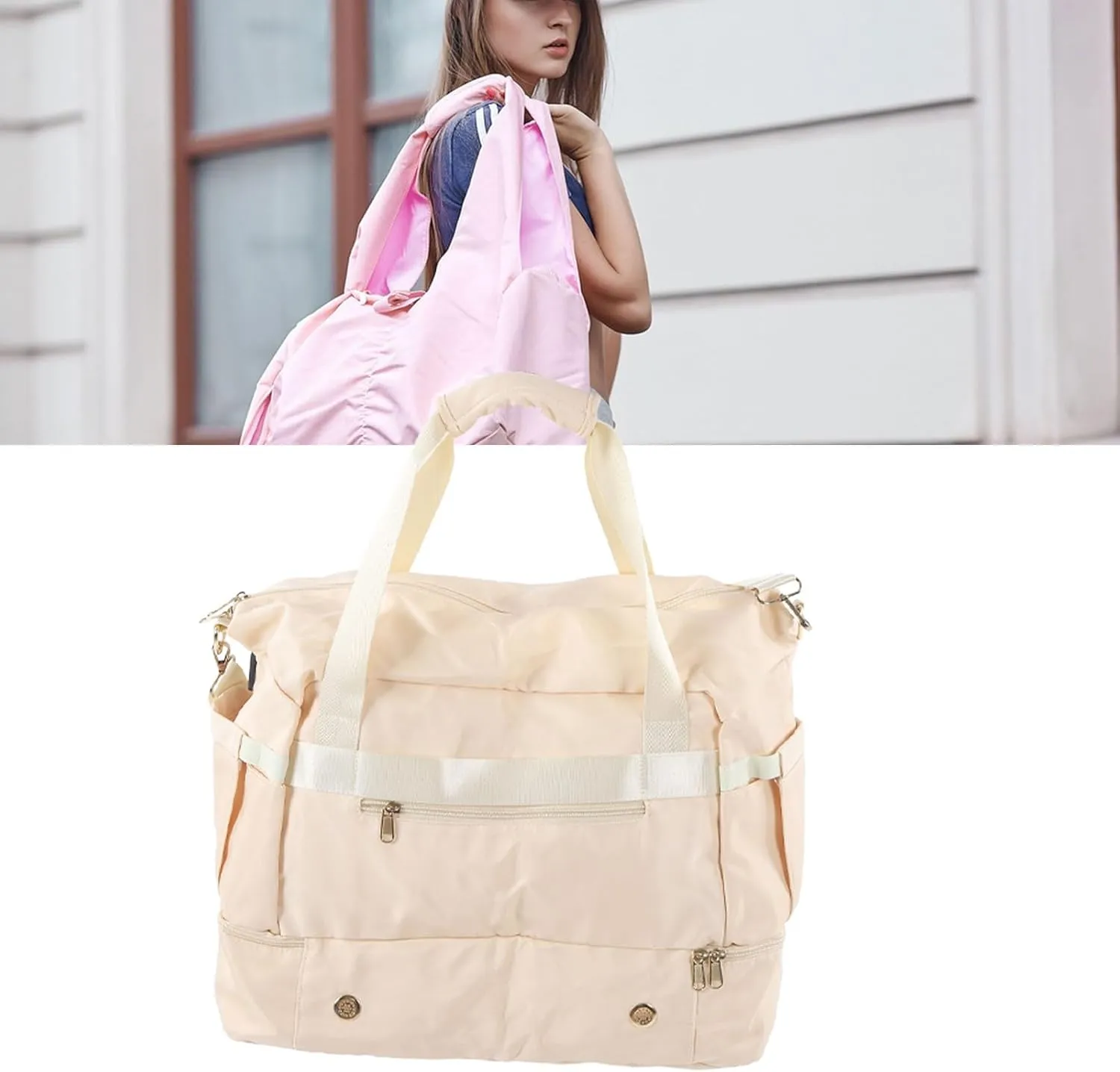 Women Sports Gym Bag Workout Travel Bag with USB Charging Port Multiple Pockets Large Capacity for Fitness Yoga (Ivory White)