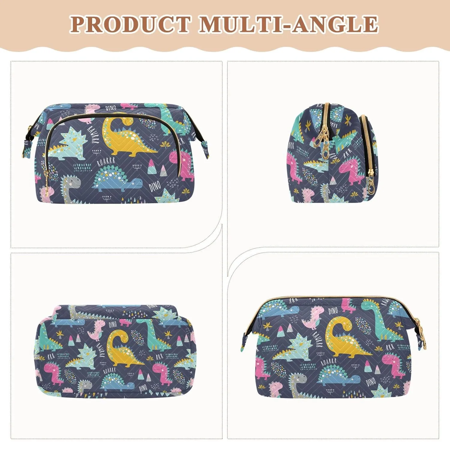 Women Wave Quilt Cosmetic Bag, Zipper Toiletry Storage 10.2x5.9x6.7 in, Pouch Handbag Makeup Case Purse Holder Organizer Print Dinosaurs Colorful Dinos Seamless