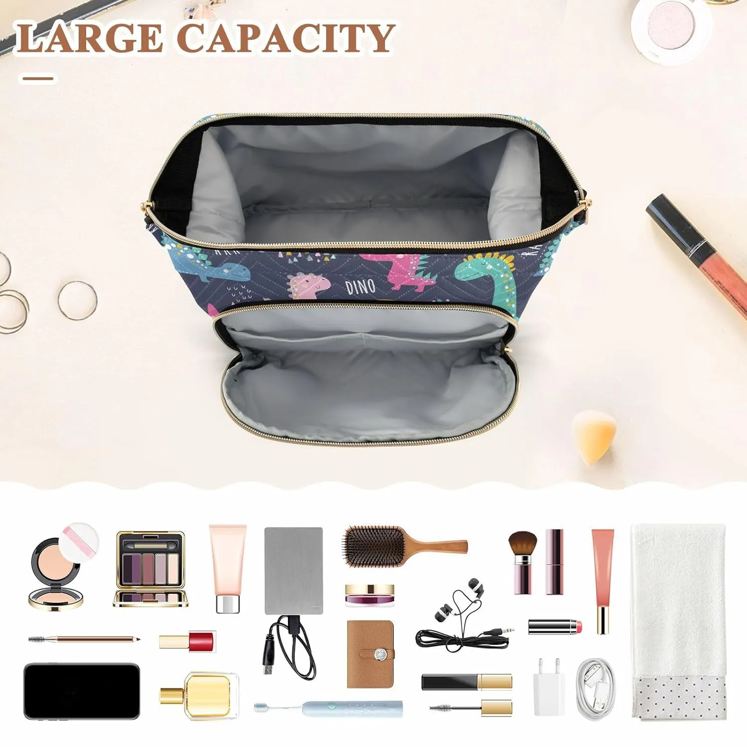Women Wave Quilt Cosmetic Bag, Zipper Toiletry Storage 10.2x5.9x6.7 in, Pouch Handbag Makeup Case Purse Holder Organizer Print Dinosaurs Colorful Dinos Seamless
