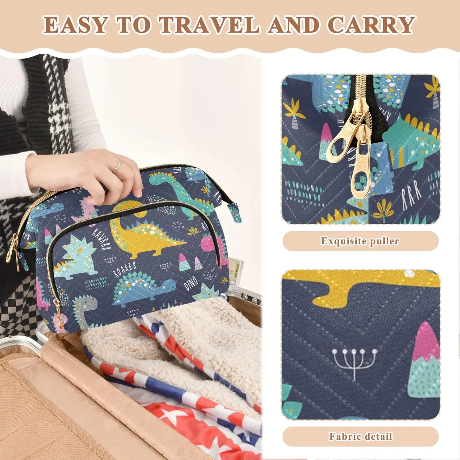 Women Wave Quilt Cosmetic Bag, Zipper Toiletry Storage 10.2x5.9x6.7 in, Pouch Handbag Makeup Case Purse Holder Organizer Print Dinosaurs Colorful Dinos Seamless