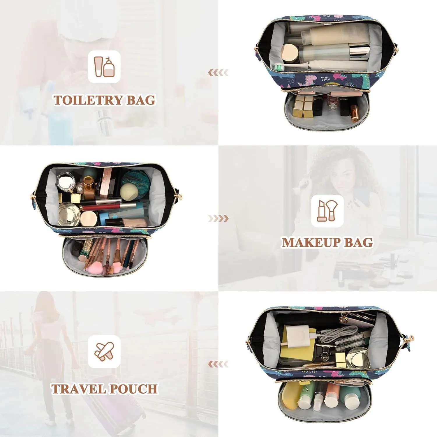 Women Wave Quilt Cosmetic Bag, Zipper Toiletry Storage 10.2x5.9x6.7 in, Pouch Handbag Makeup Case Purse Holder Organizer Print Dinosaurs Colorful Dinos Seamless