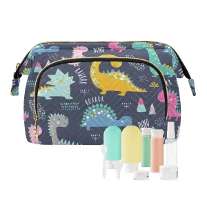 Women Wave Quilt Cosmetic Bag, Zipper Toiletry Storage 10.2x5.9x6.7 in, Pouch Handbag Makeup Case Purse Holder Organizer Print Dinosaurs Colorful Dinos Seamless