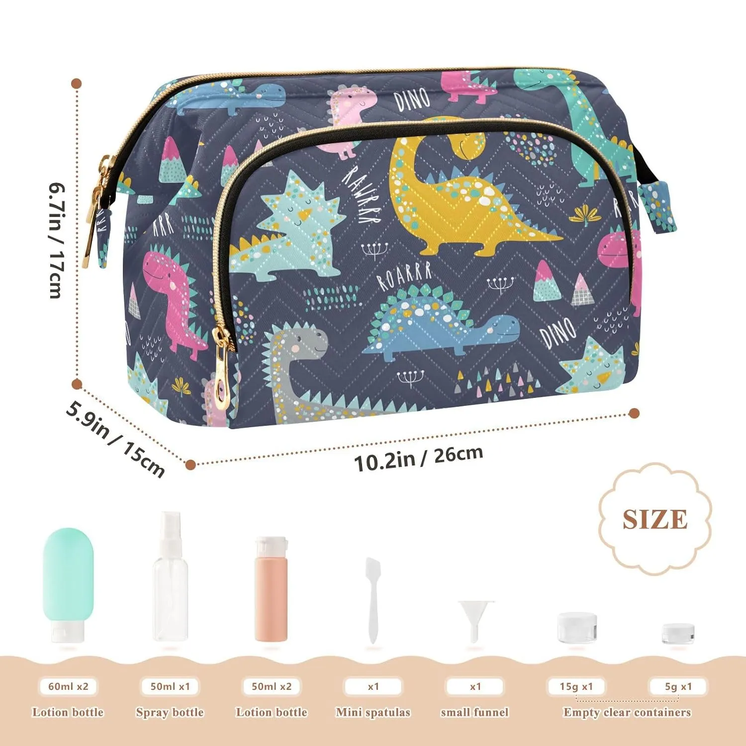 Women Wave Quilt Cosmetic Bag, Zipper Toiletry Storage 10.2x5.9x6.7 in, Pouch Handbag Makeup Case Purse Holder Organizer Print Dinosaurs Colorful Dinos Seamless