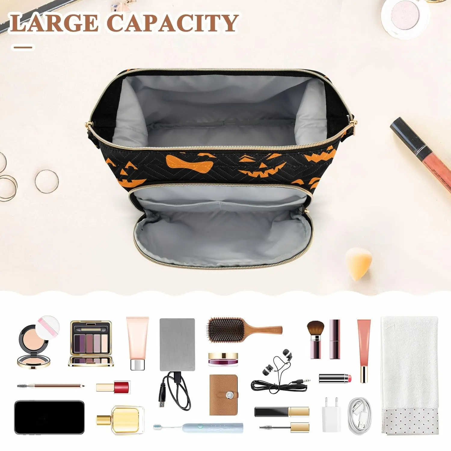 Women Wave Quilt Cosmetic Bag, Zipper Toiletry Storage 10.2x5.9x6.7 in, Pouch Handbag Makeup Case Purse Holder Organizer Print Halloween Orange Pumpkins Carved Faces On Black
