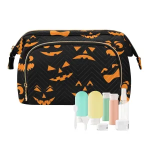 Women Wave Quilt Cosmetic Bag, Zipper Toiletry Storage 10.2x5.9x6.7 in, Pouch Handbag Makeup Case Purse Holder Organizer Print Halloween Orange Pumpkins Carved Faces On Black