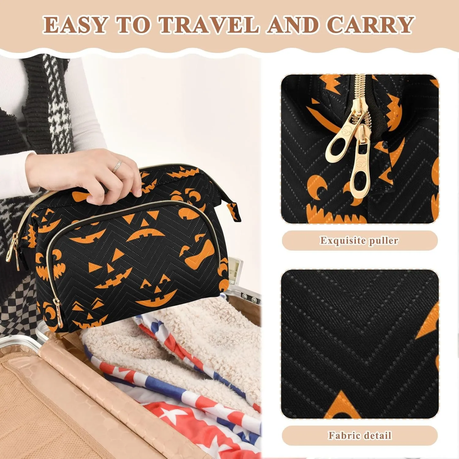 Women Wave Quilt Cosmetic Bag, Zipper Toiletry Storage 10.2x5.9x6.7 in, Pouch Handbag Makeup Case Purse Holder Organizer Print Halloween Orange Pumpkins Carved Faces On Black