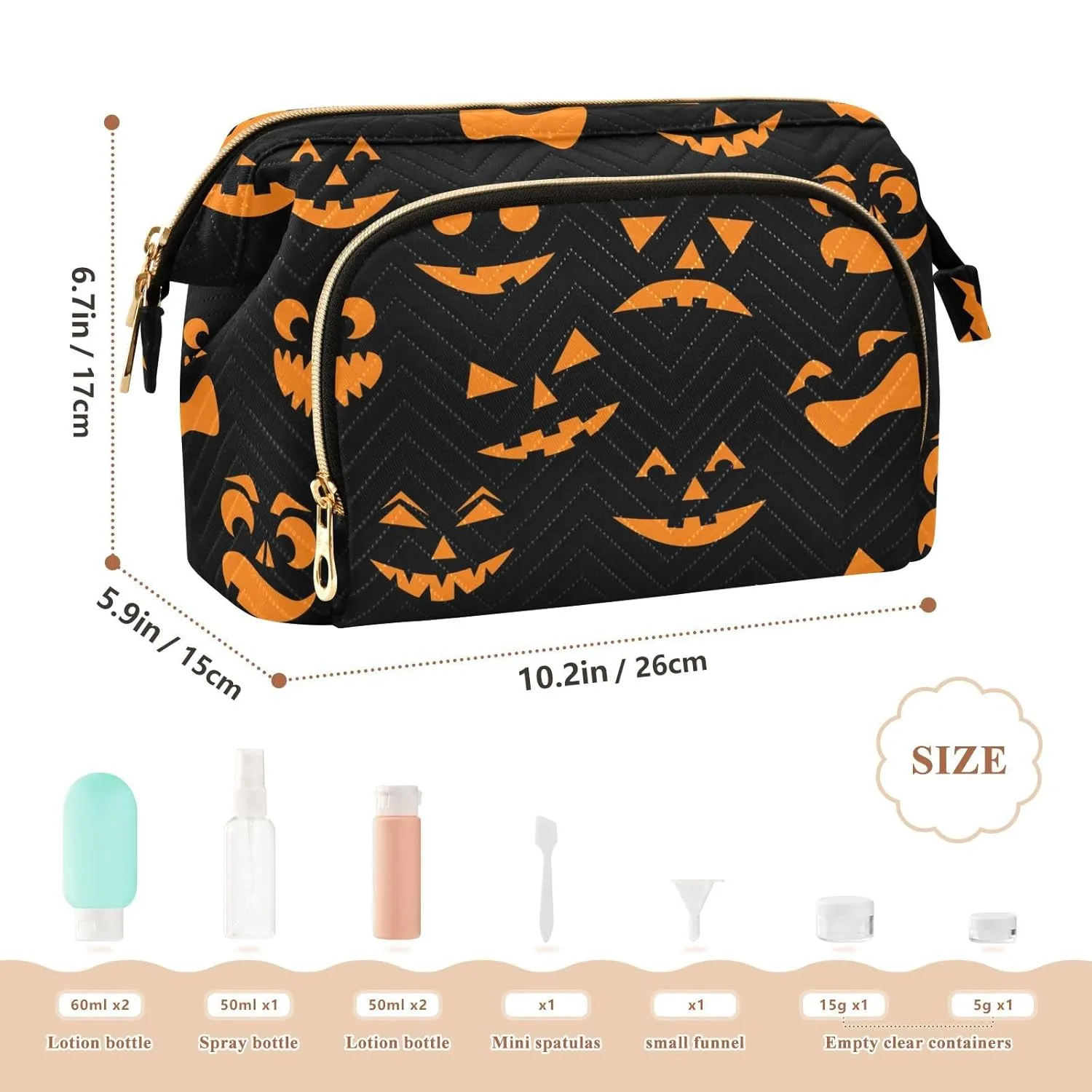 Women Wave Quilt Cosmetic Bag, Zipper Toiletry Storage 10.2x5.9x6.7 in, Pouch Handbag Makeup Case Purse Holder Organizer Print Halloween Orange Pumpkins Carved Faces On Black