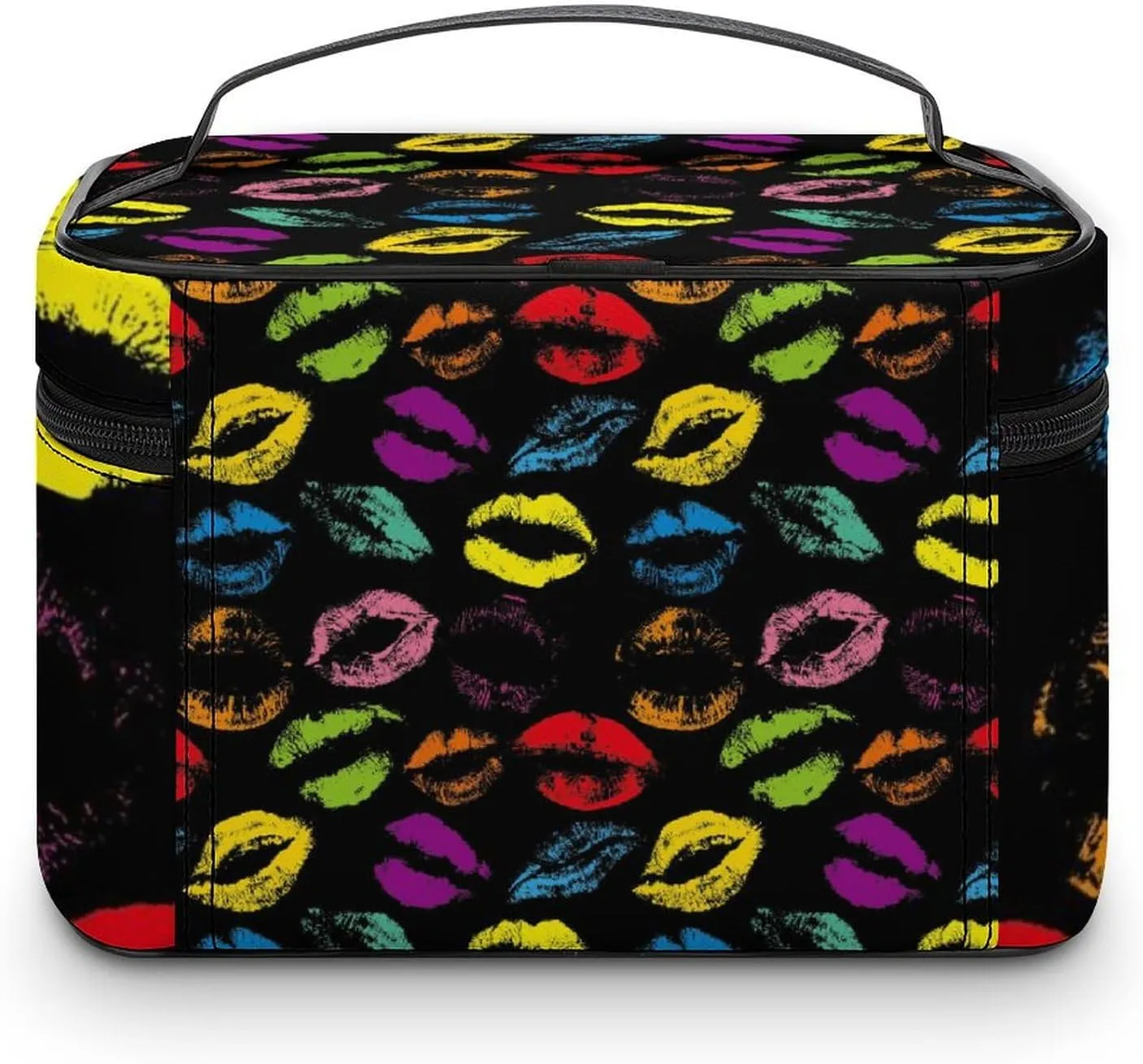 Women's Large Makeup Bag, Portable Cosmetic Brush Bags Valentines Colorful Lips Print Makeup Organizer Case Travel Toiletry Accessories